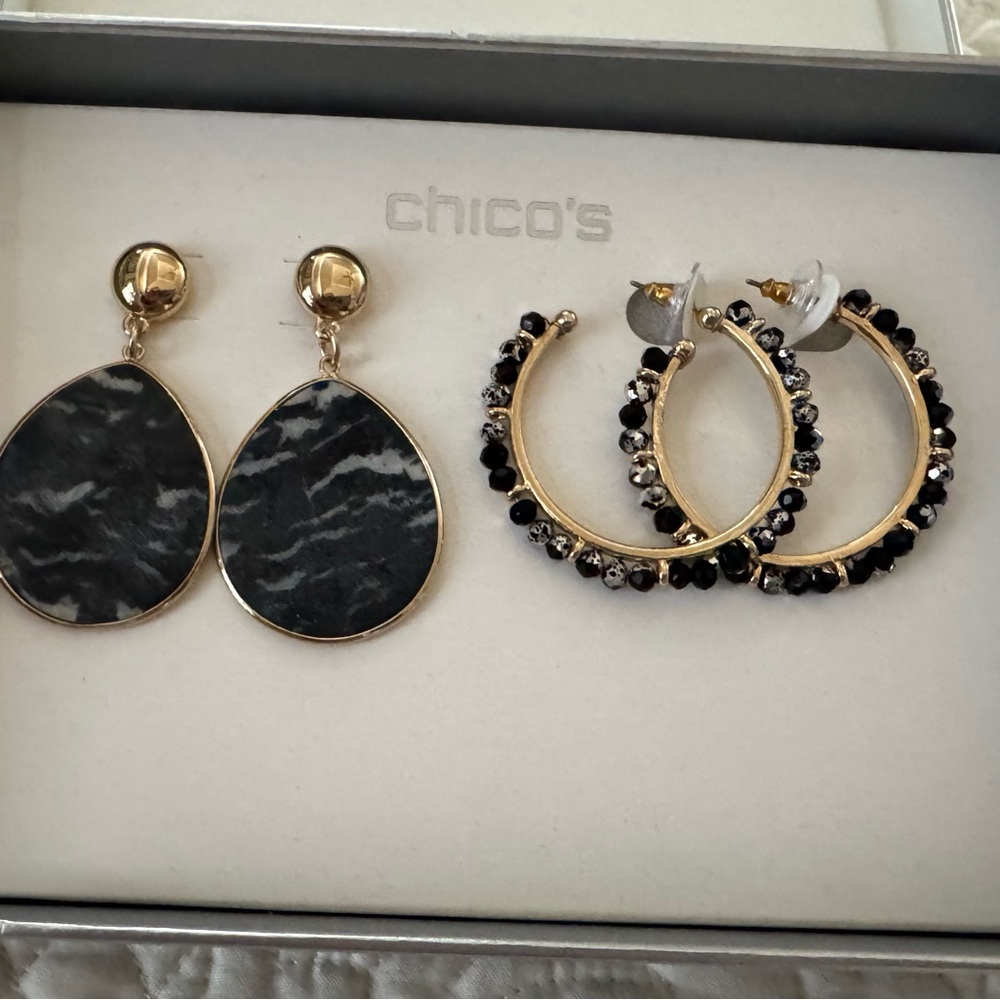 Chico's Black and Gold Textured Teardrop and Beaded Hoop Earrings